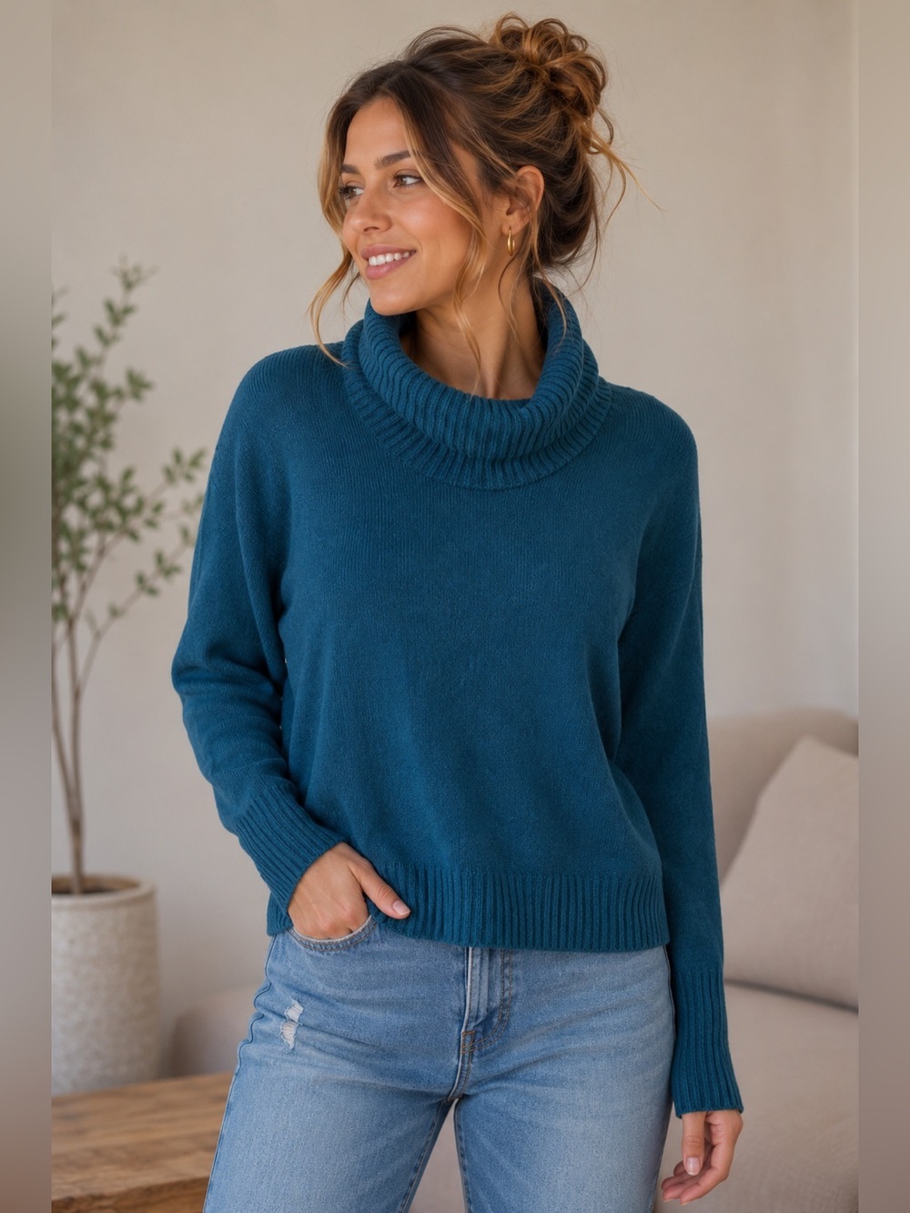 Esprit Teal Cowl Neck Sweater Size S Cozy Minimalist Classic Fall Winter